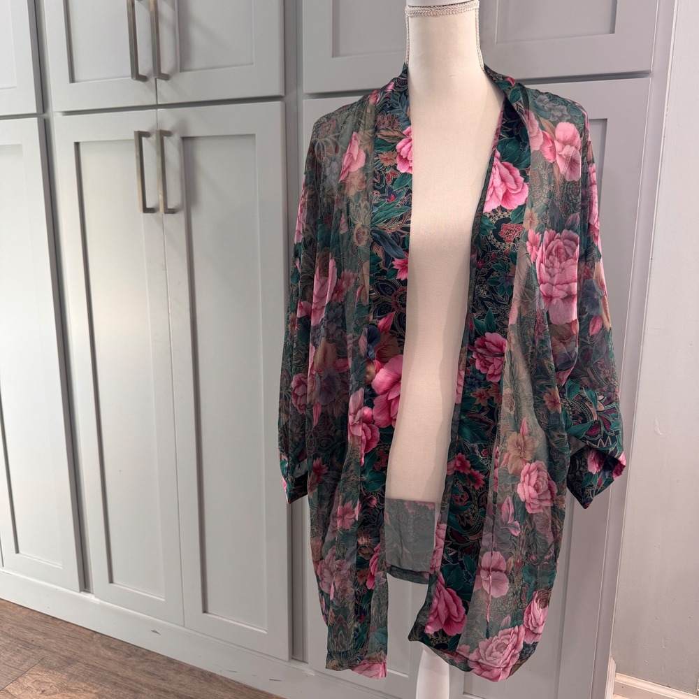 Victorias Secret Gold Label Vintage Floral Sheer Kimono Robe Pink Teal One Size‎
